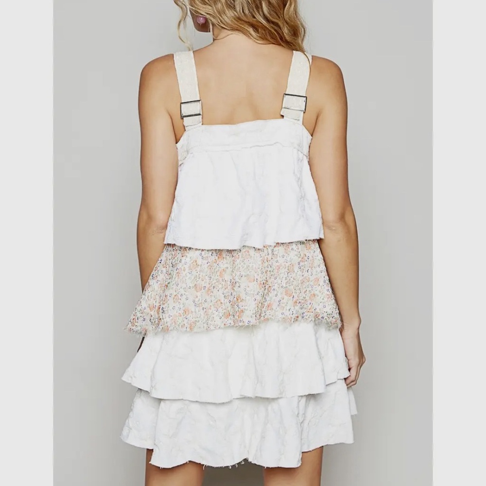 POL White Tiered Mini Dress with Floral Panel - Picture 3 of 3